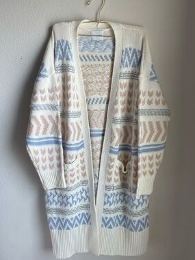 Cozy Cream Cardigan with Light Blue & Blush Pattern